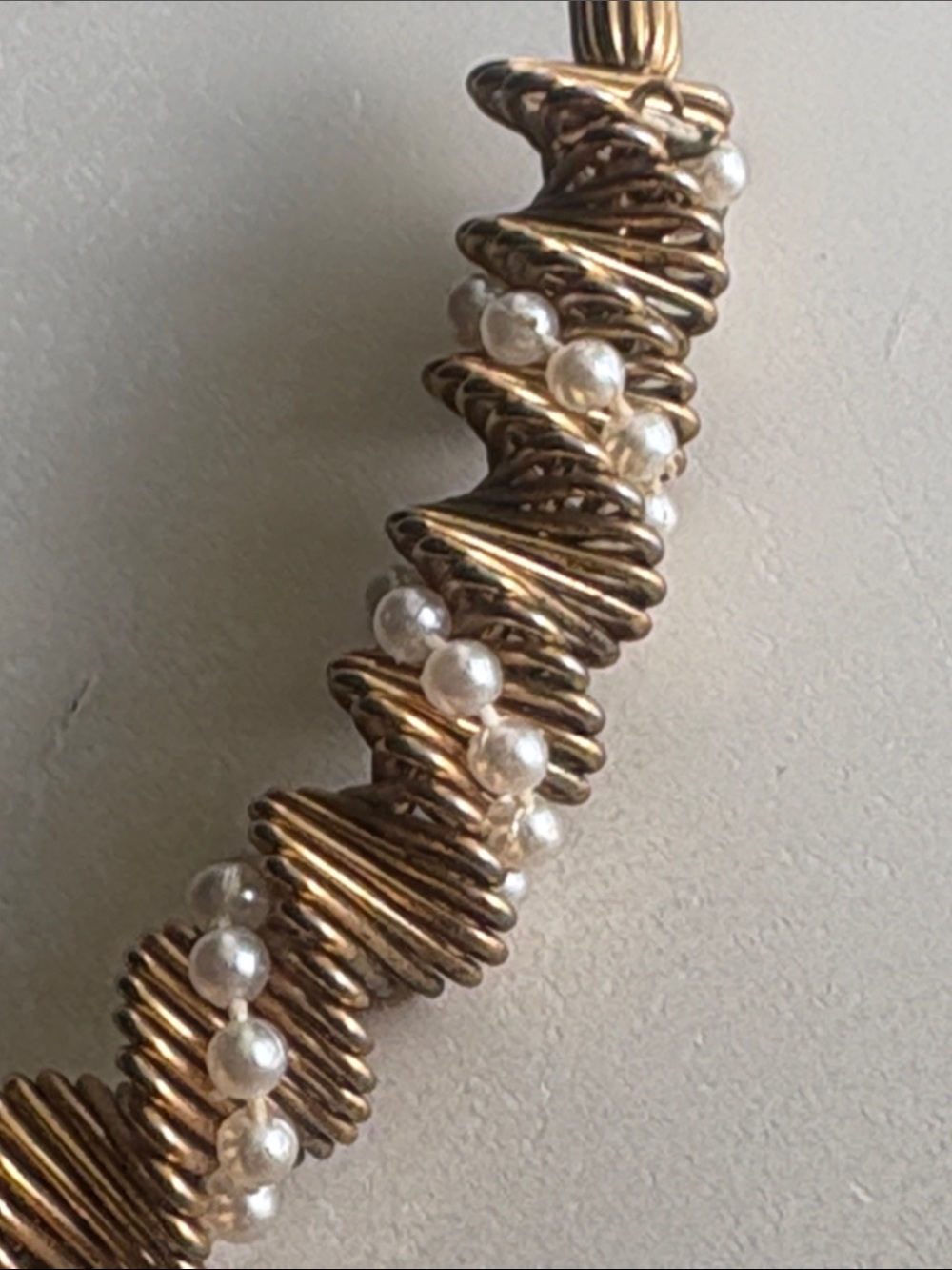 Gold Pearl Wrapped Wire Choker Necklace ca 4in diameter - Picture 2 of 3